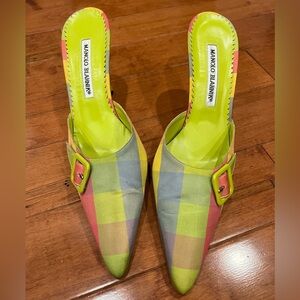 Manolo Blahnik Plaid Mules in Pink, Yellow, and Blue